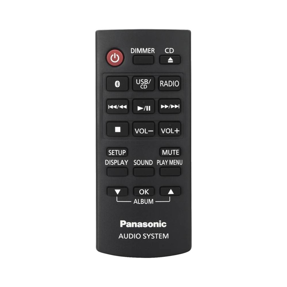 Ein schwarzer Panasonic Audio System Fernbedienung mit Tasten.