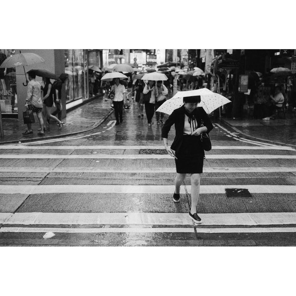 Kobieta z parasolem przechodzi przez ulicę w deszczu, otoczona innymi.