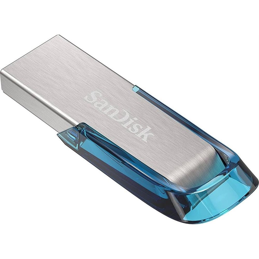 Srebrny pendrive z niebieską plastikową końcówką, z logo SanDisk.
