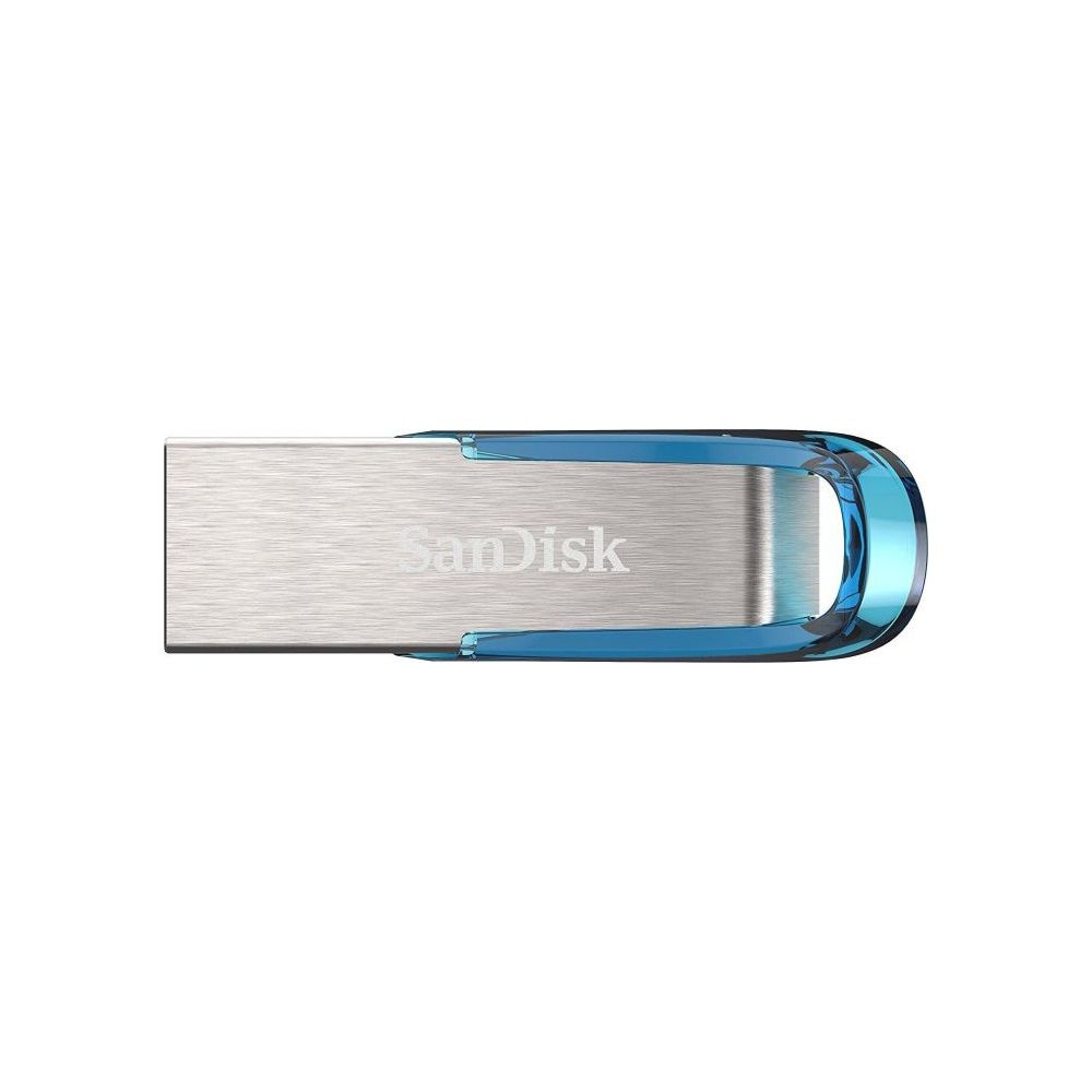 Pendrive Sandisk z niebieskim wykończeniem i srebrną obudową.