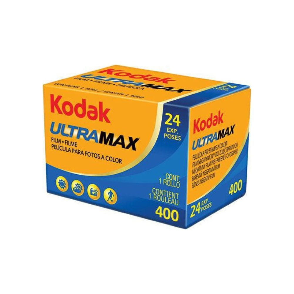 Caja de película Kodak Ultramax 400 con 24 exposiciones, color, con iconos.