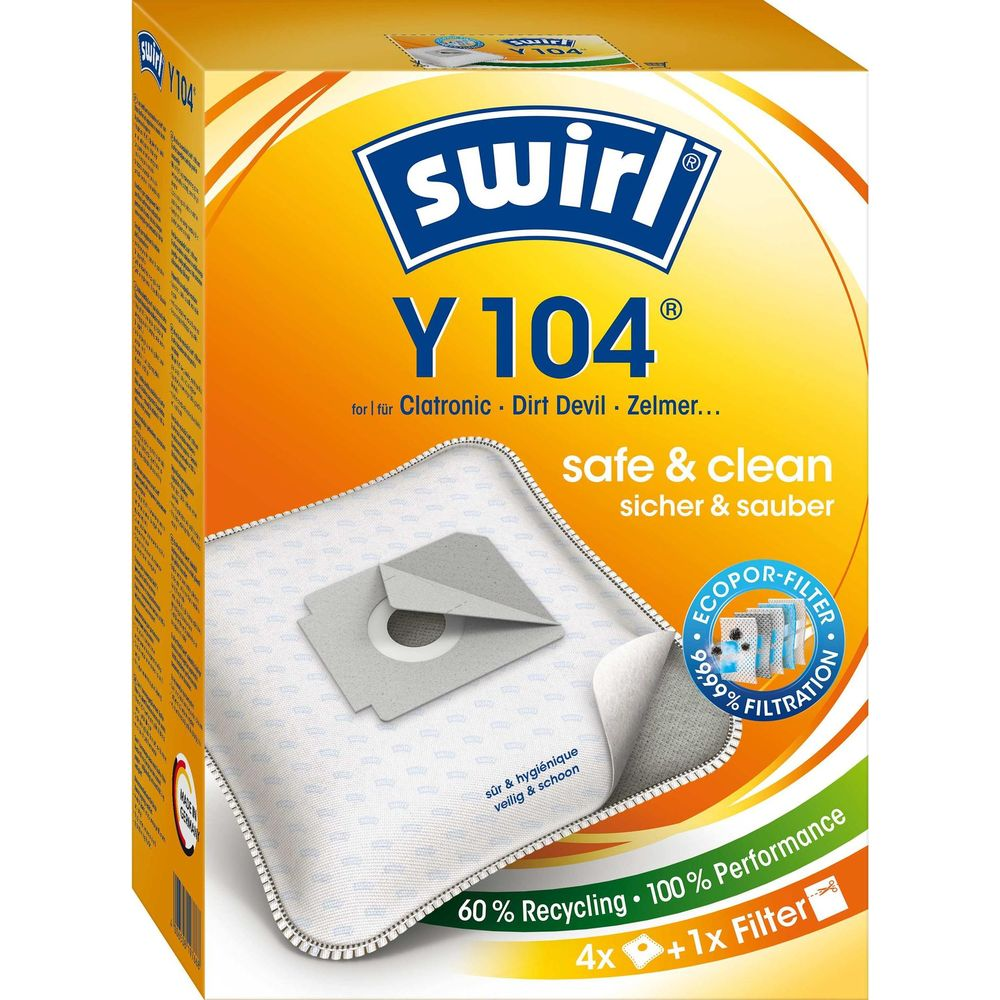 Verpackung für Swirl Y 104 Staubsaugerbeutel mit Filtern.