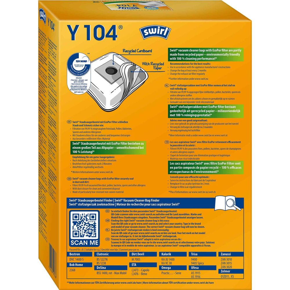 Swirl Y 104 Staubsaugerbeutel: Recycling, Filtration, Anwendung und Modelle im Überblick.