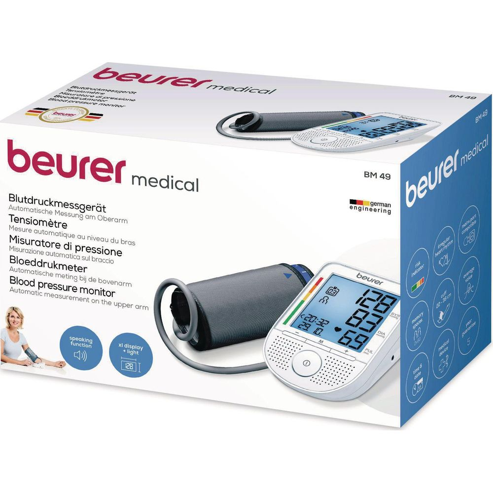 Beurer BM 49 bovenarm bloeddrukmeter met manchet en wit apparaat.