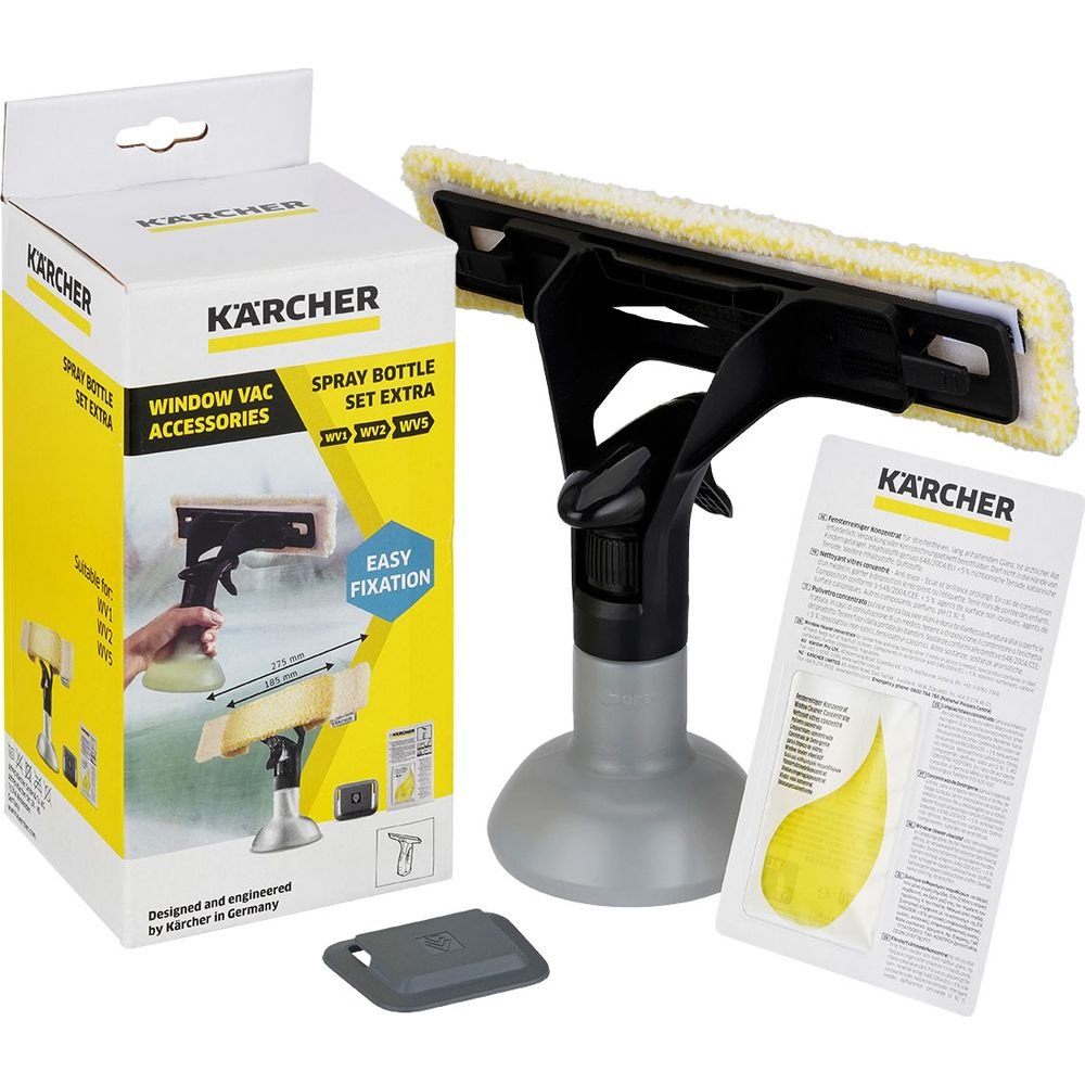 Kärcher Fensterreinigungs-Set mit Sprühflasche, Zubehör und Anleitung.
