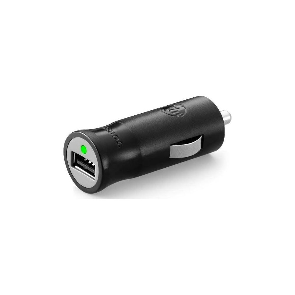 Schwarzer USB-Autoladeadapter mit grünem Licht und TomTom-Logo.
