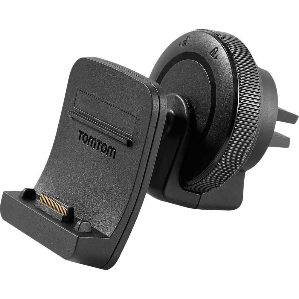 Schwarzer TomTom Navigationsgerät-Halter mit Lüftungsklemme und Ladekontakten.