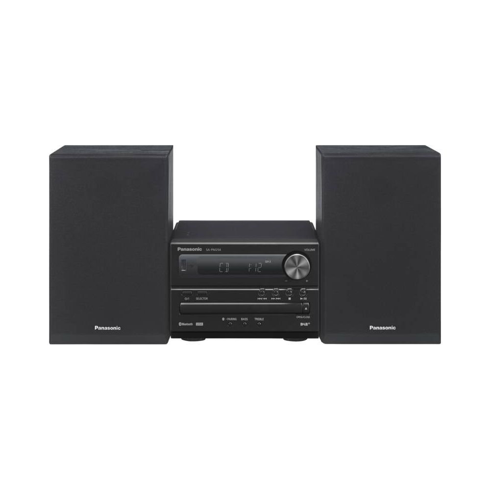 Sistema estéreo Panasonic compacto con dos altavoces y reproductor de CD.