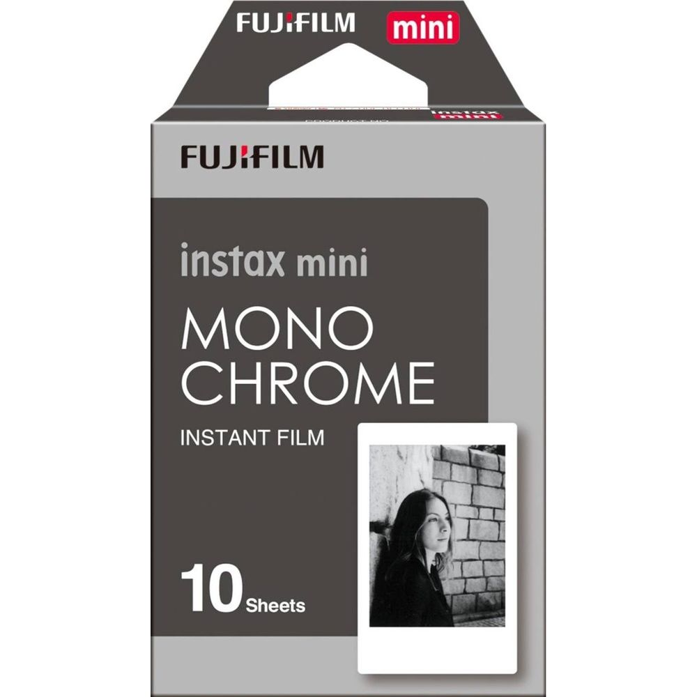 Fujifilm Instax Mini Monochrom-Film, 10 Blatt, mit Porträt einer Frau.