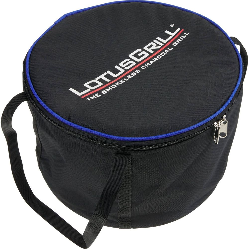 Czarna torba transportowa z niebieską lamówką i logo 'Lotusgrill'.