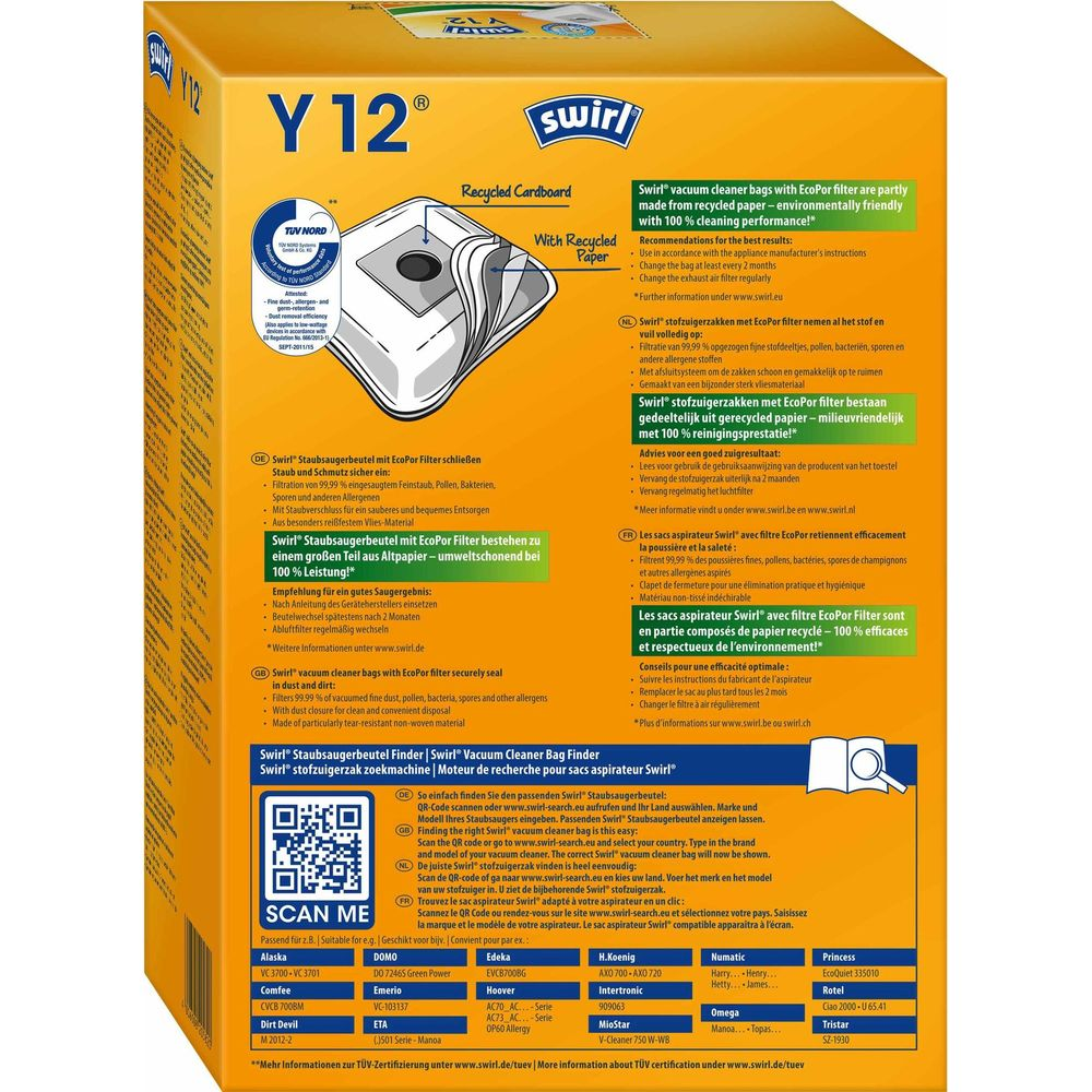 Sacs aspirateur Swirl Y12 avec filtre EcoPor, papier recyclé, certifiés TUV Nord.
