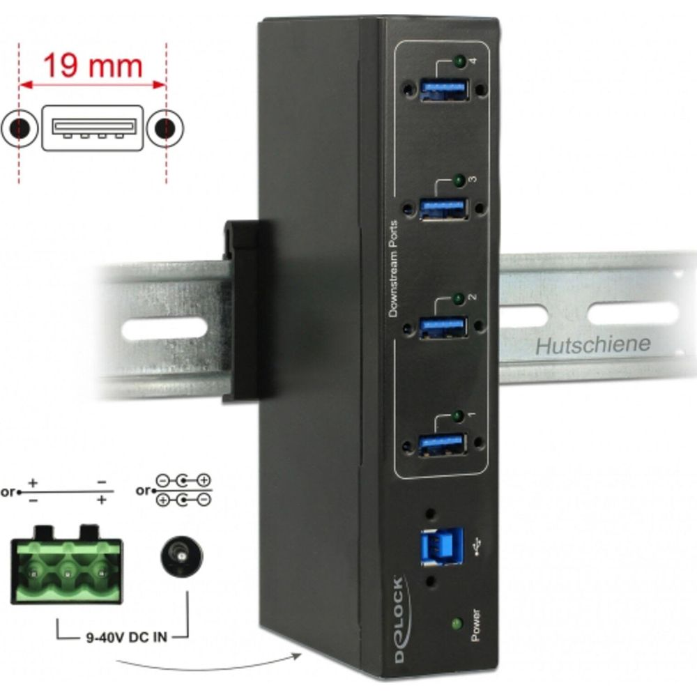 Schwarzer USB-Hub mit vier Ports, montiert auf einer Hutschiene.