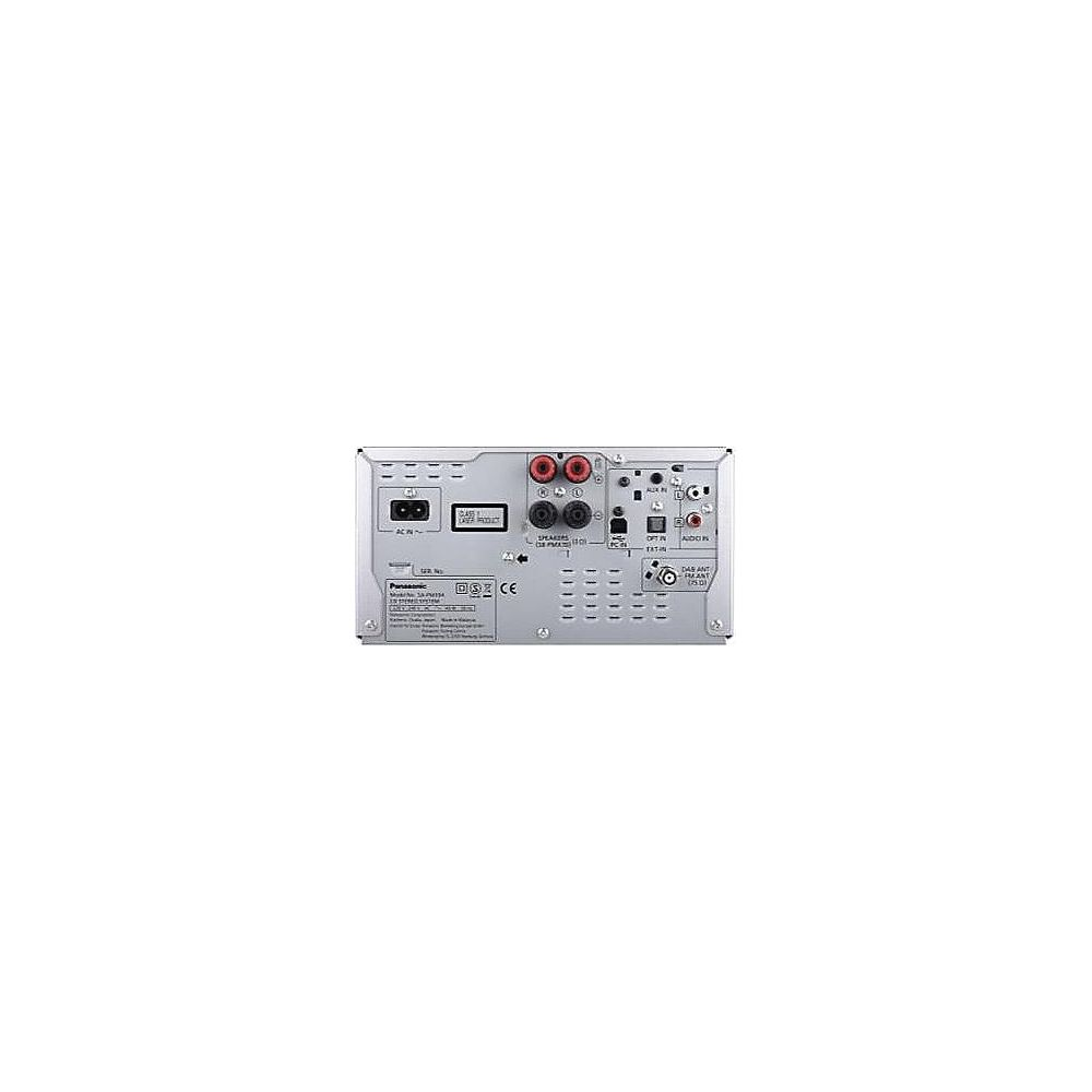 Retro di un sistema stereo Panasonic con connessioni per alimentazione, altoparlante, AUX, ottica e antenna.