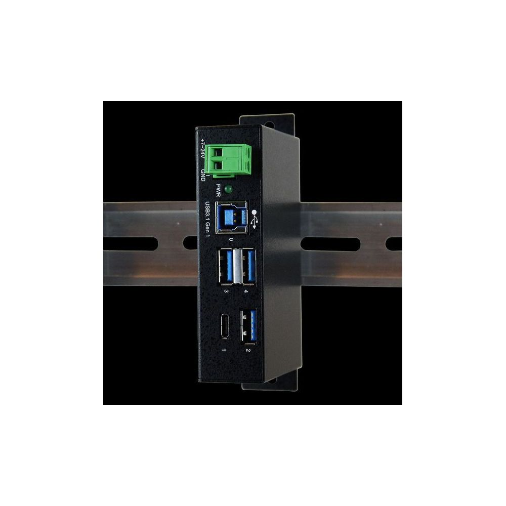 Hub USB 3.1 nero a 4 porte, montato su guida DIN.