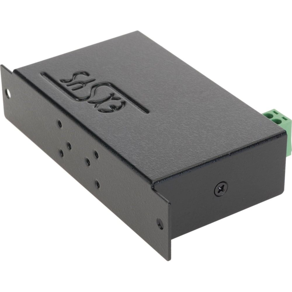Contenitore elettronico nero con logo e morsettiera verde, isolato su bianco.