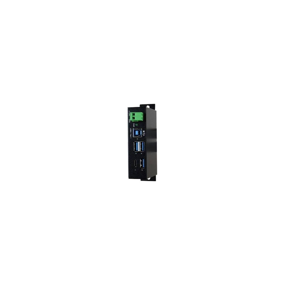 Hub USB nero con quattro porte e connettore di alimentazione verde.