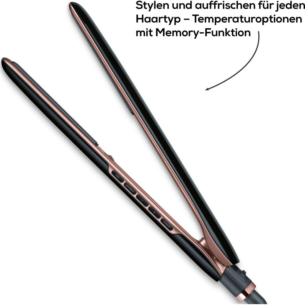 Piastra per capelli nera e oro con controlli e testo.