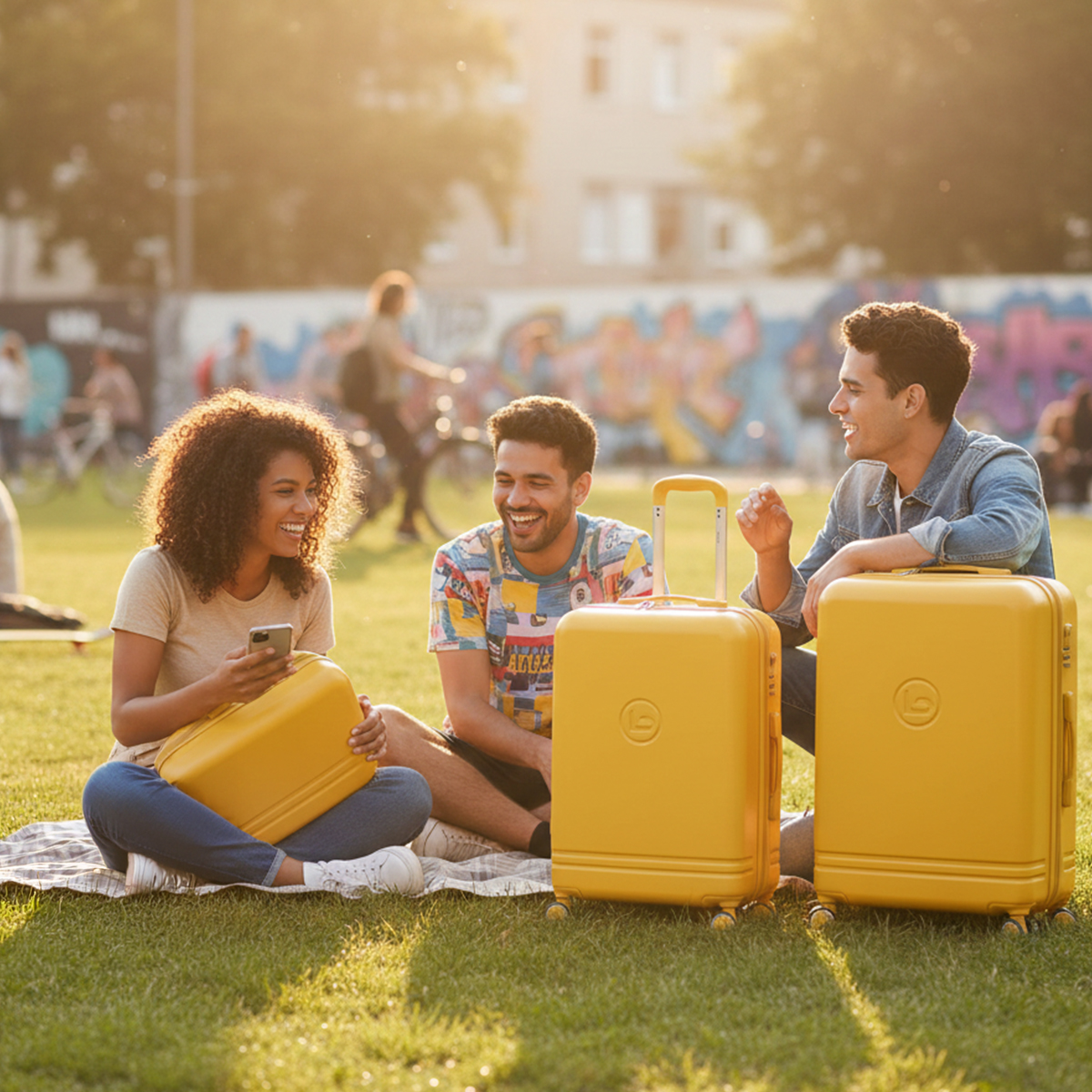 Tres amigos sentados en el césped con equipaje amarillo, disfrutando del sol.