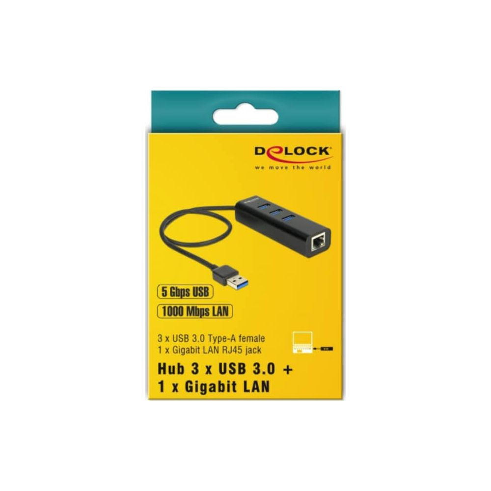 Schwarzer USB-Hub mit 3x USB 3.0 und 1x Gigabit LAN-Anschluss.
