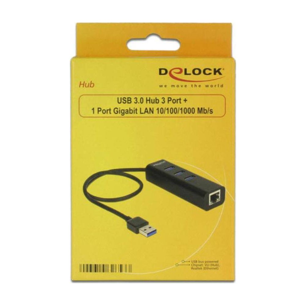 Verpackung für einen schwarzen USB 3.0 Hub mit 3 Ports und Gigabit LAN.