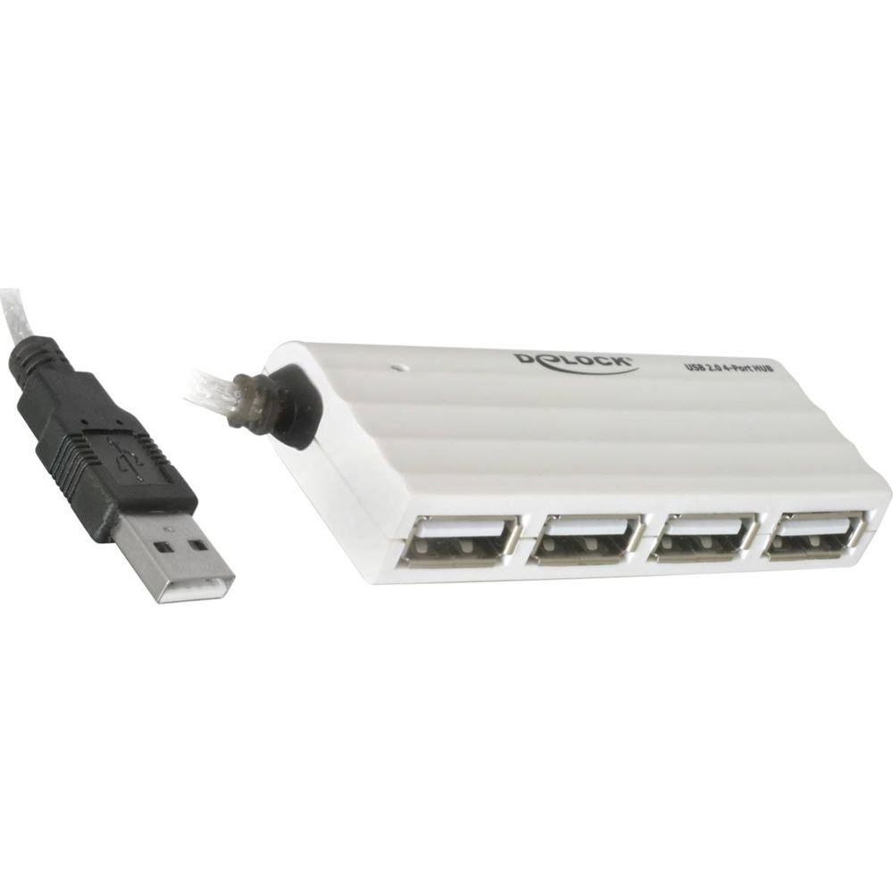 Ein weißer 4-Port USB 2.0 Hub mit schwarzem USB-Kabel.