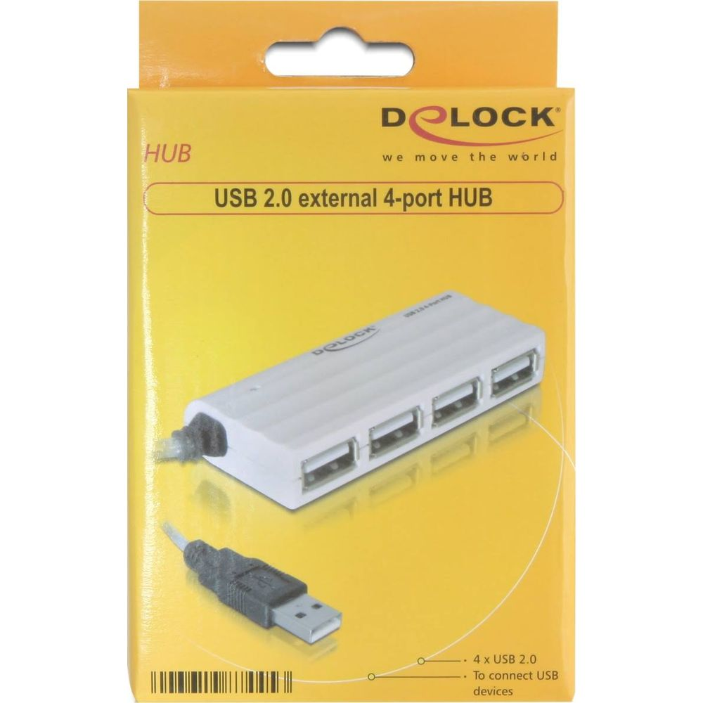 Verpackung eines weißen 4-Port USB 2.0 Hubs von Delock mit angeschlossenem USB-Kabel.