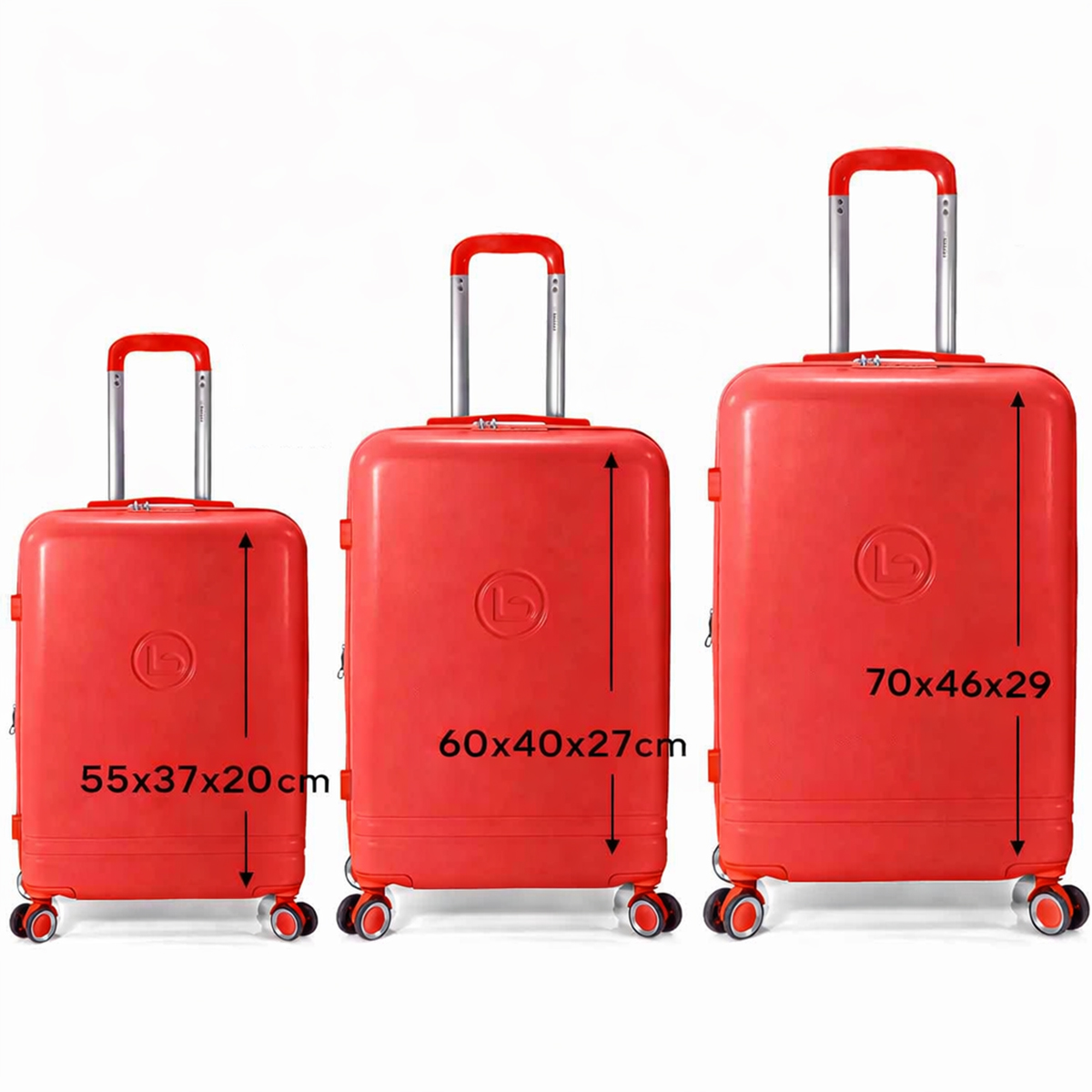 Tres maletas rojas de diferentes tamaños con asas extensibles.