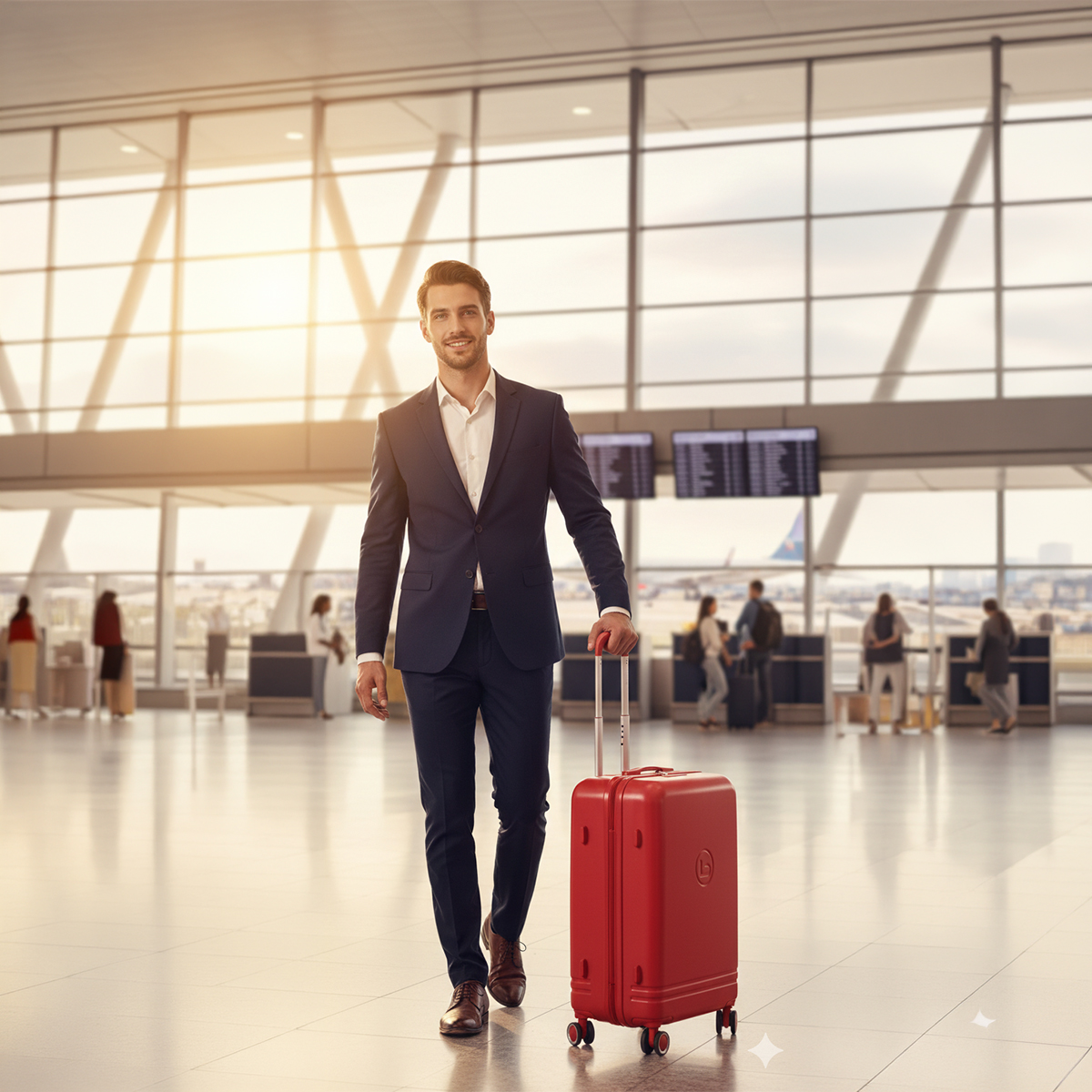 Un hombre con traje arrastra una maleta roja por un aeropuerto.