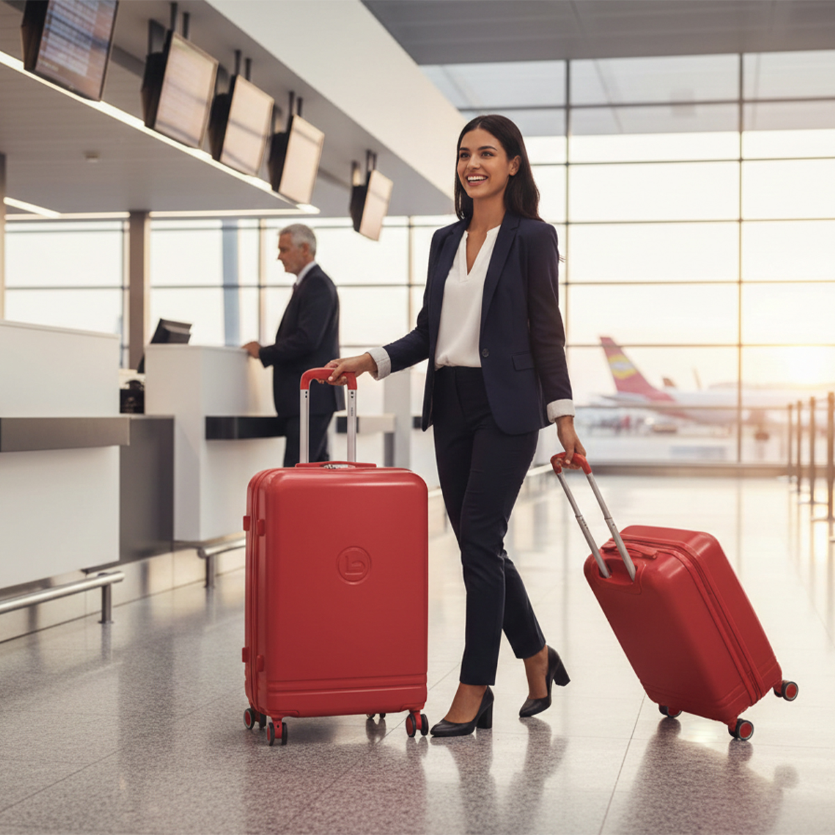 Mujer de traje en aeropuerto con dos maletas rojas, avión afuera.