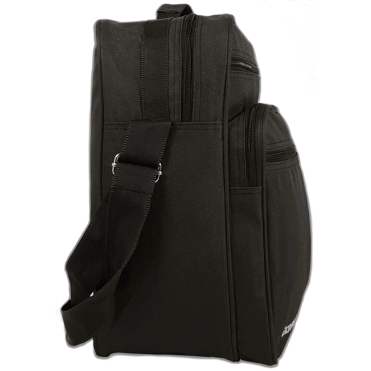 Bolso de hombro negro con compartimentos con cremallera y correa ajustable.