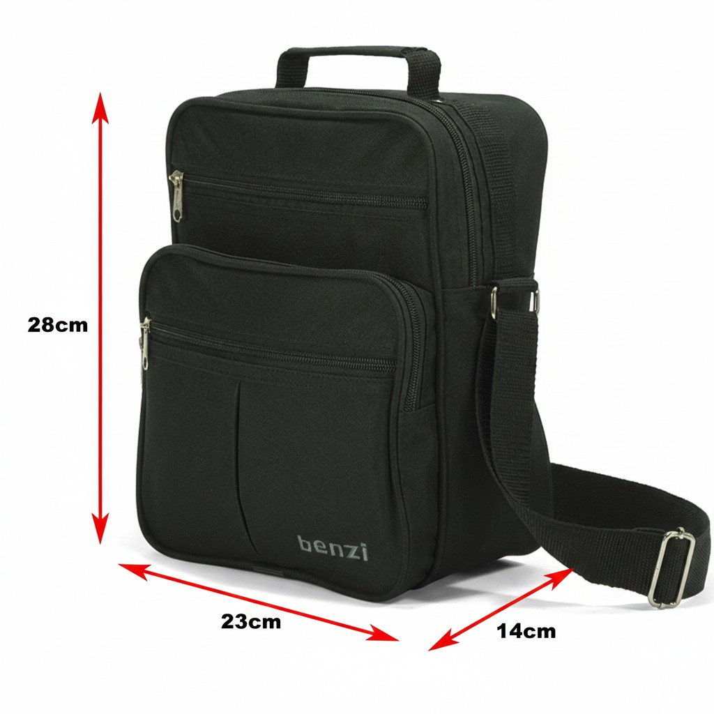 Bolso bandolera negro con compartimentos con cremallera, asa y correa ajustable. Dimensiones: 28x23x14cm.