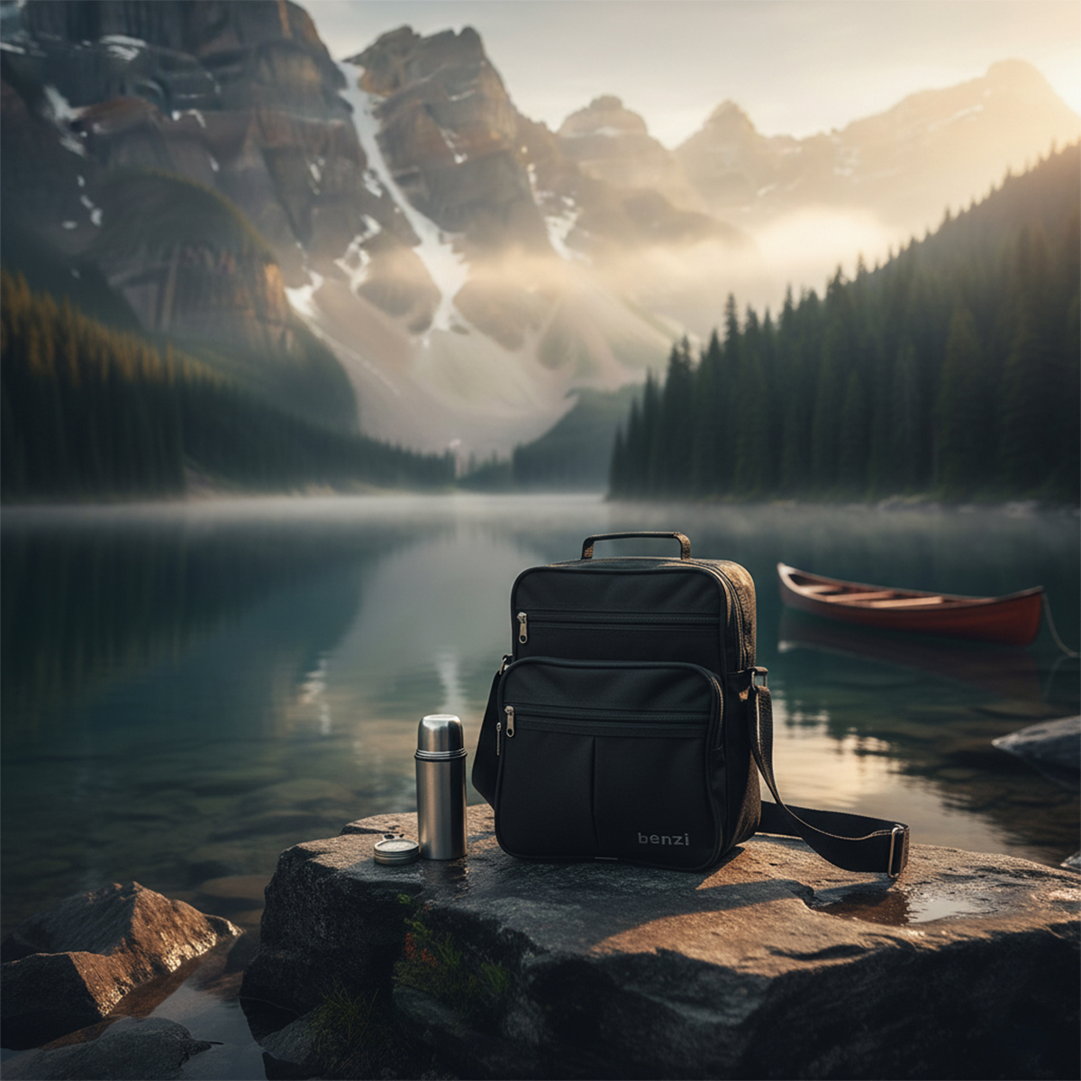 Una mochila negra y termo en una roca junto a un lago con montañas.