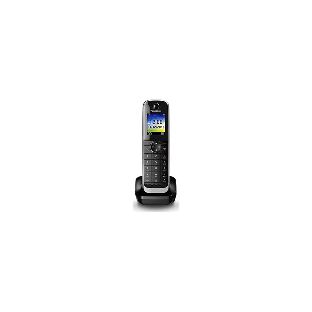 Ein schwarzes schnurloses Panasonic-Telefon mit Ladebasis. Die Uhrzeit ist 12:00.