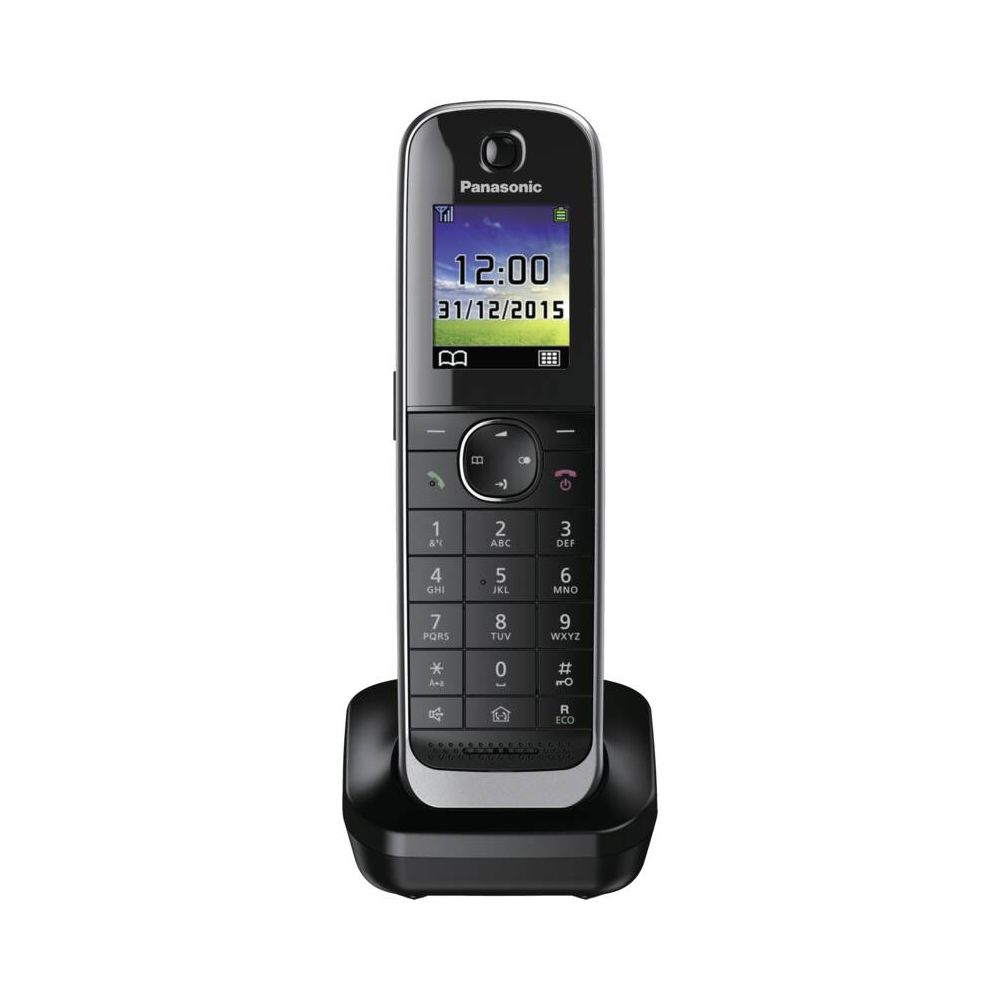 Ein schwarzes Panasonic Schnurlostelefon mit digitaler Anzeige, die 12:00 Uhr zeigt.