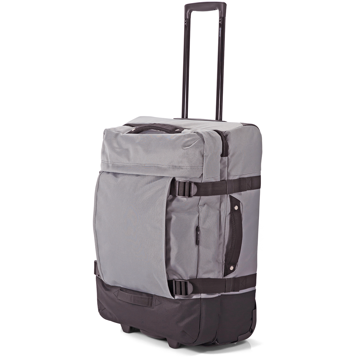 Una bolsa de lona gris con ruedas, asa negra y correas sobre fondo blanco.