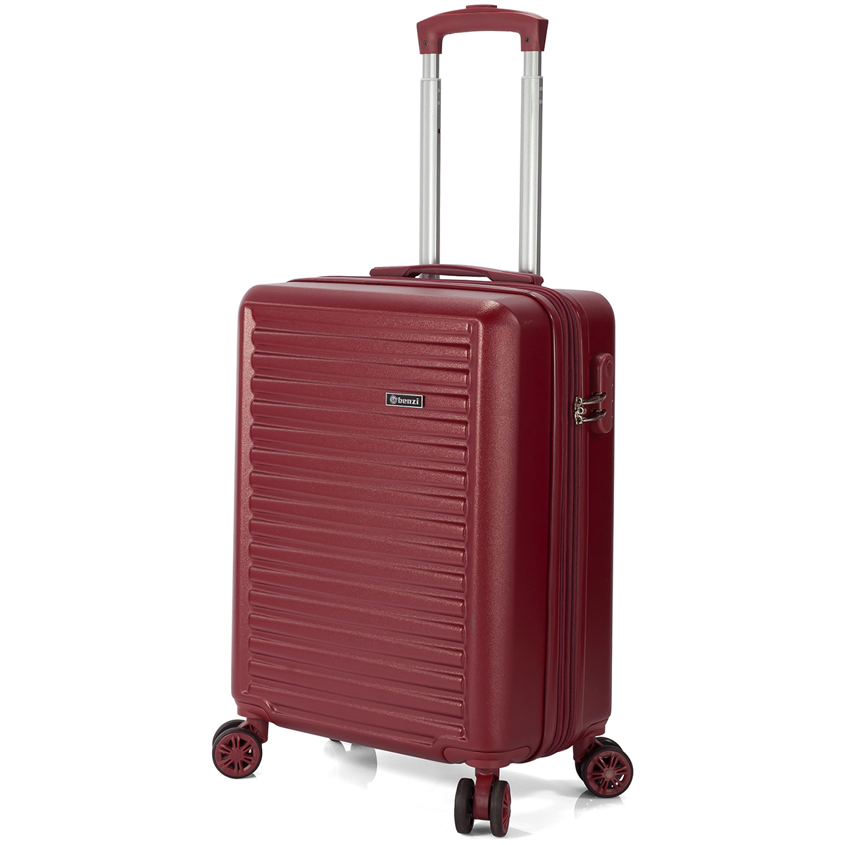 Una maleta roja con ruedas, asa extensible y cuatro ruedas.