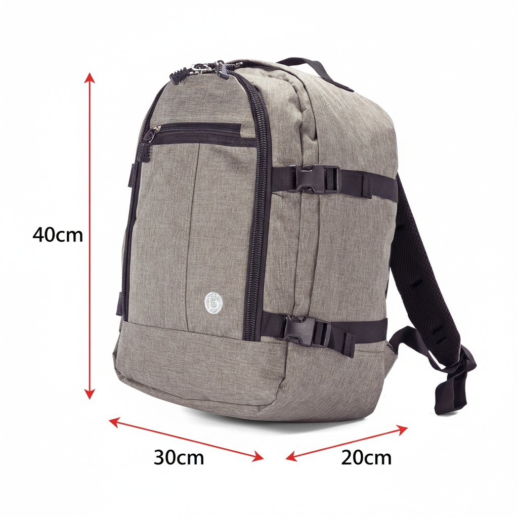 Una mochila gris con cremalleras y correas negras. Dimensiones: 40cm A, 30cm An, 20cm P.
