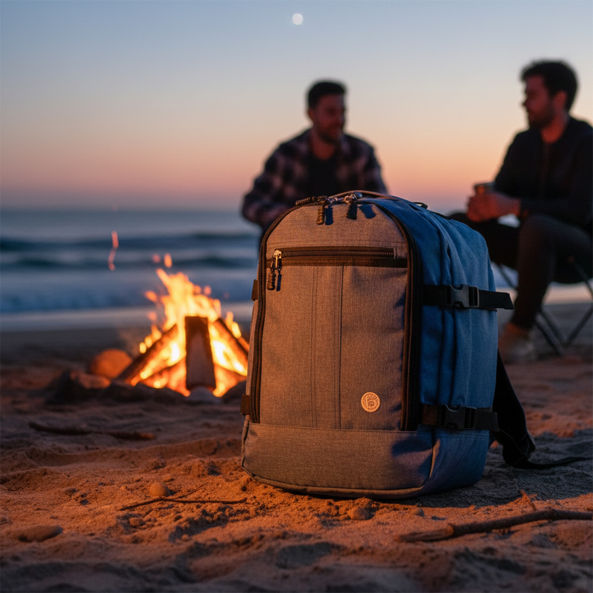 Una mochila azul en una playa junto a una fogata al atardecer. Dos hombres borrosos al fondo.