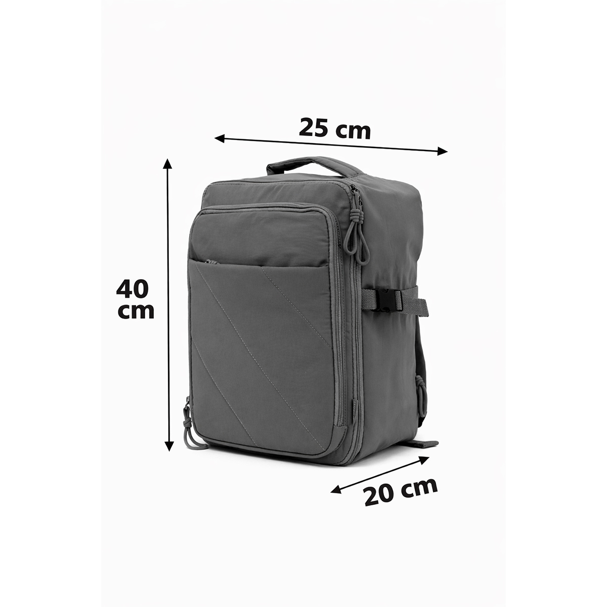 Mochila gris con dimensiones de 40x25x20 cm.