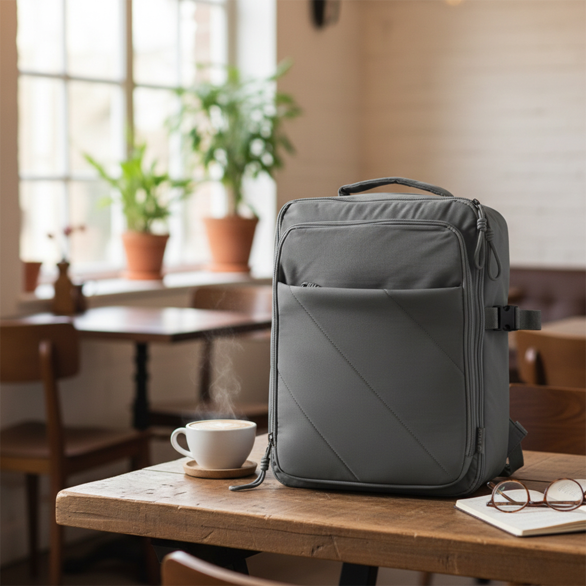 Una mochila gris sobre una mesa de madera con una taza de café y un cuaderno.