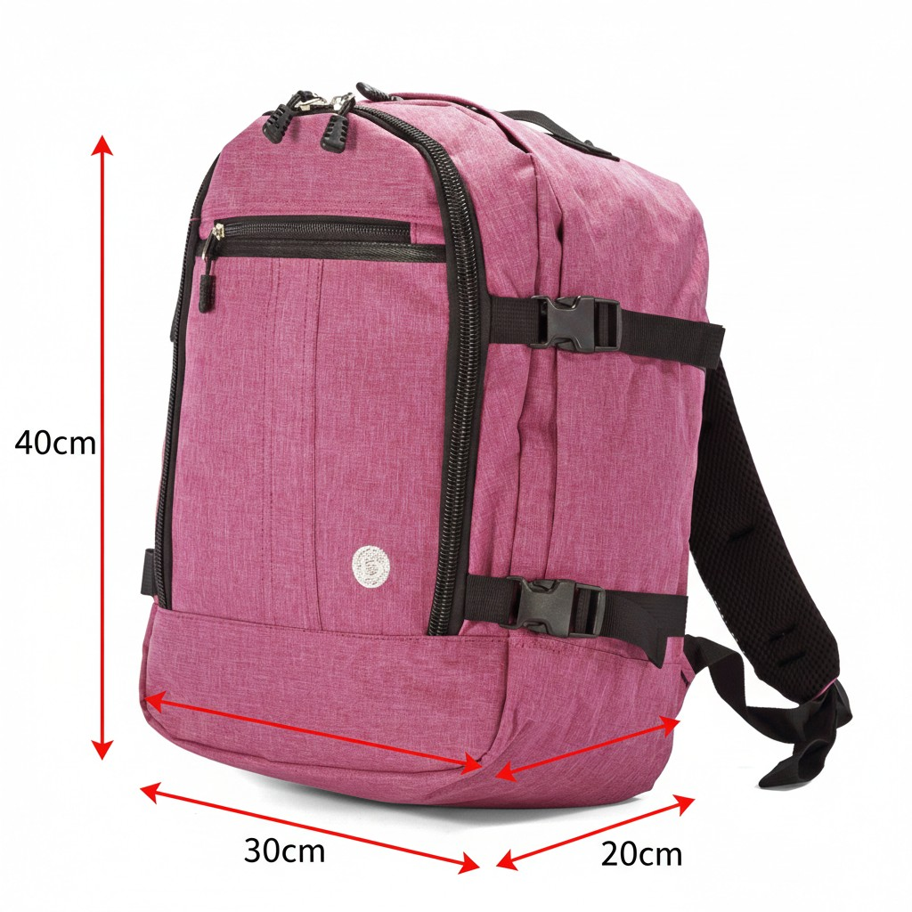 Mochila rosa con cremalleras y hebillas negras. Dimensiones: 40x30x20cm.