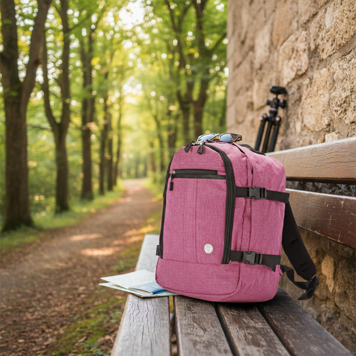 Una mochila rosa, gafas de sol y un trípode descansan en un banco de madera junto a una pared de piedra.