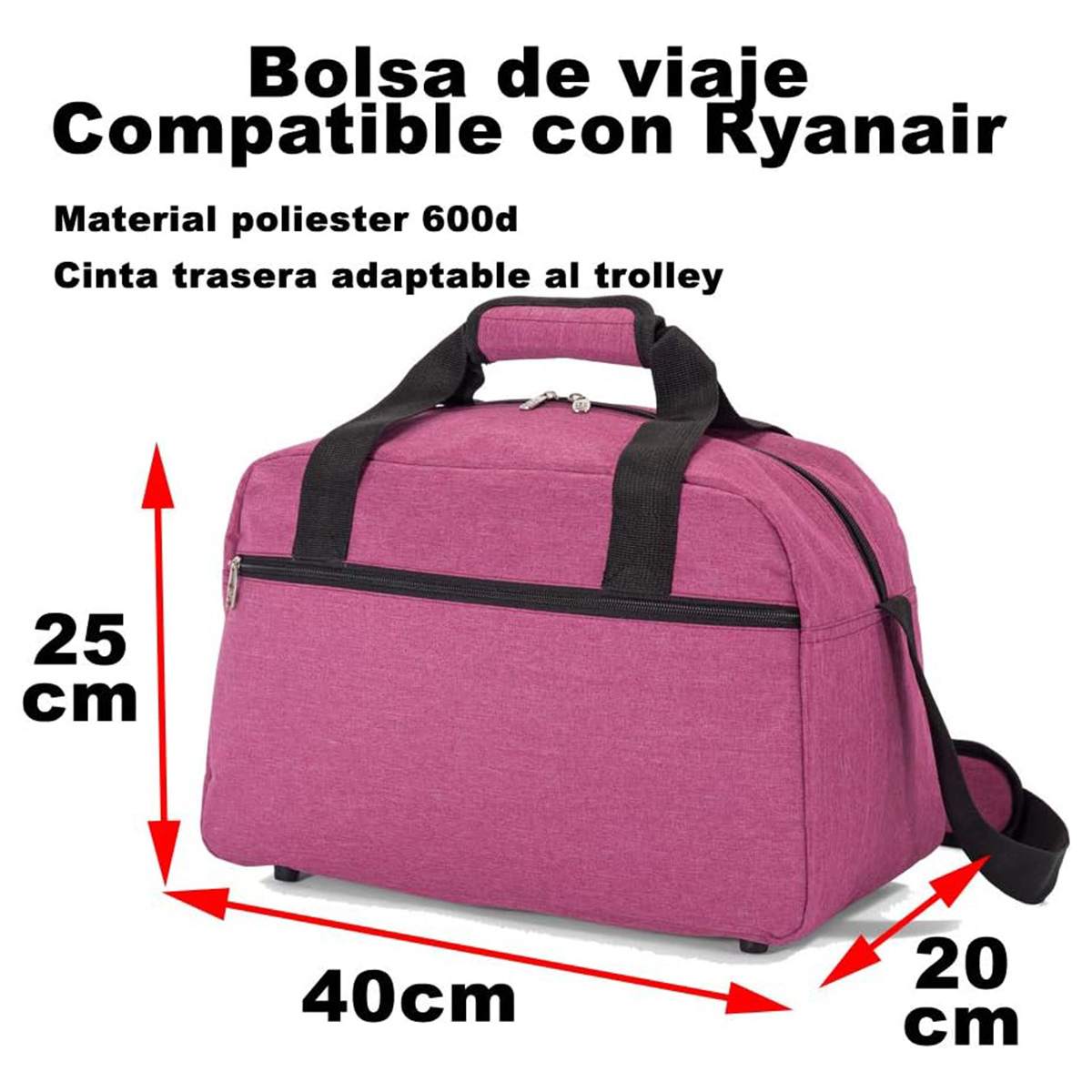 Bolsa de viaje rosa con asas negras, 40x25x20cm, compatible con Ryanair.