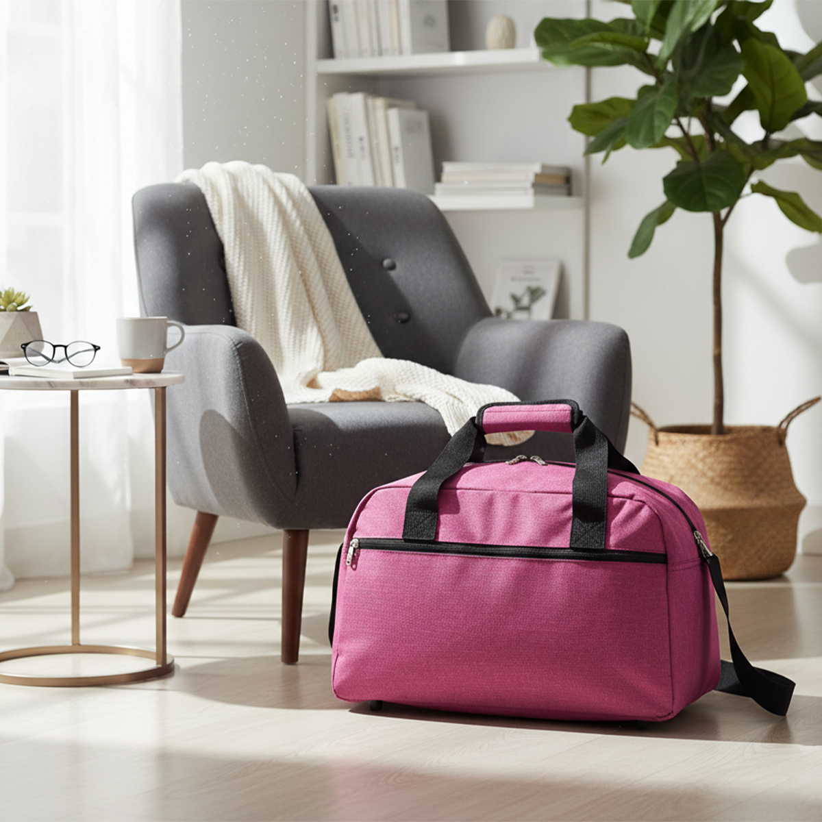 Una bolsa de viaje rosa está frente a un sillón gris con manta.