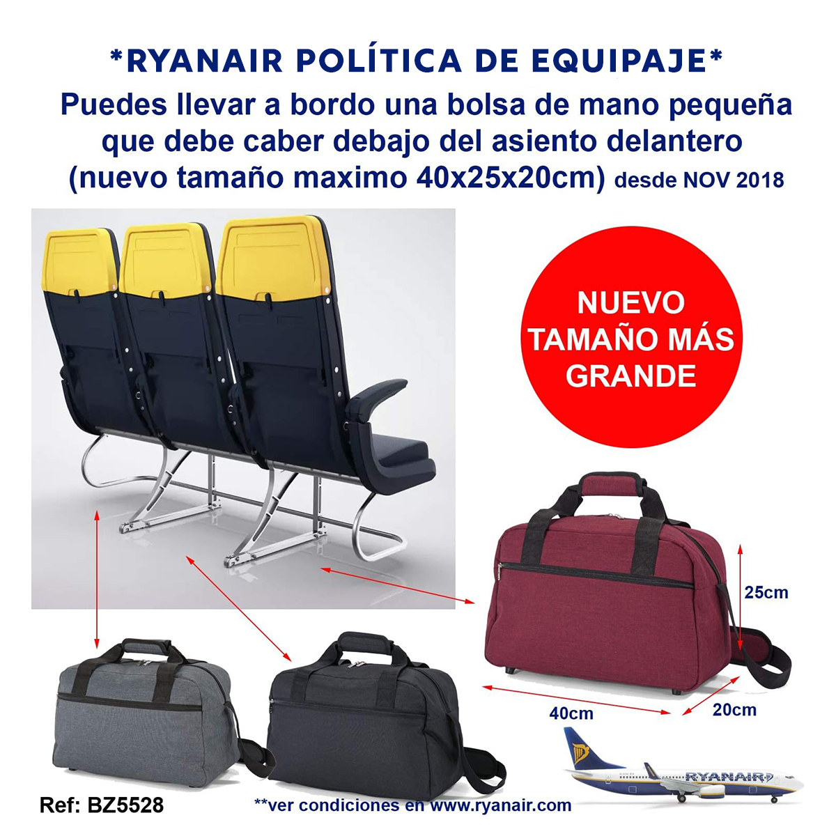Asientos de avión, equipaje de mano y modelo de avión Ryanair.