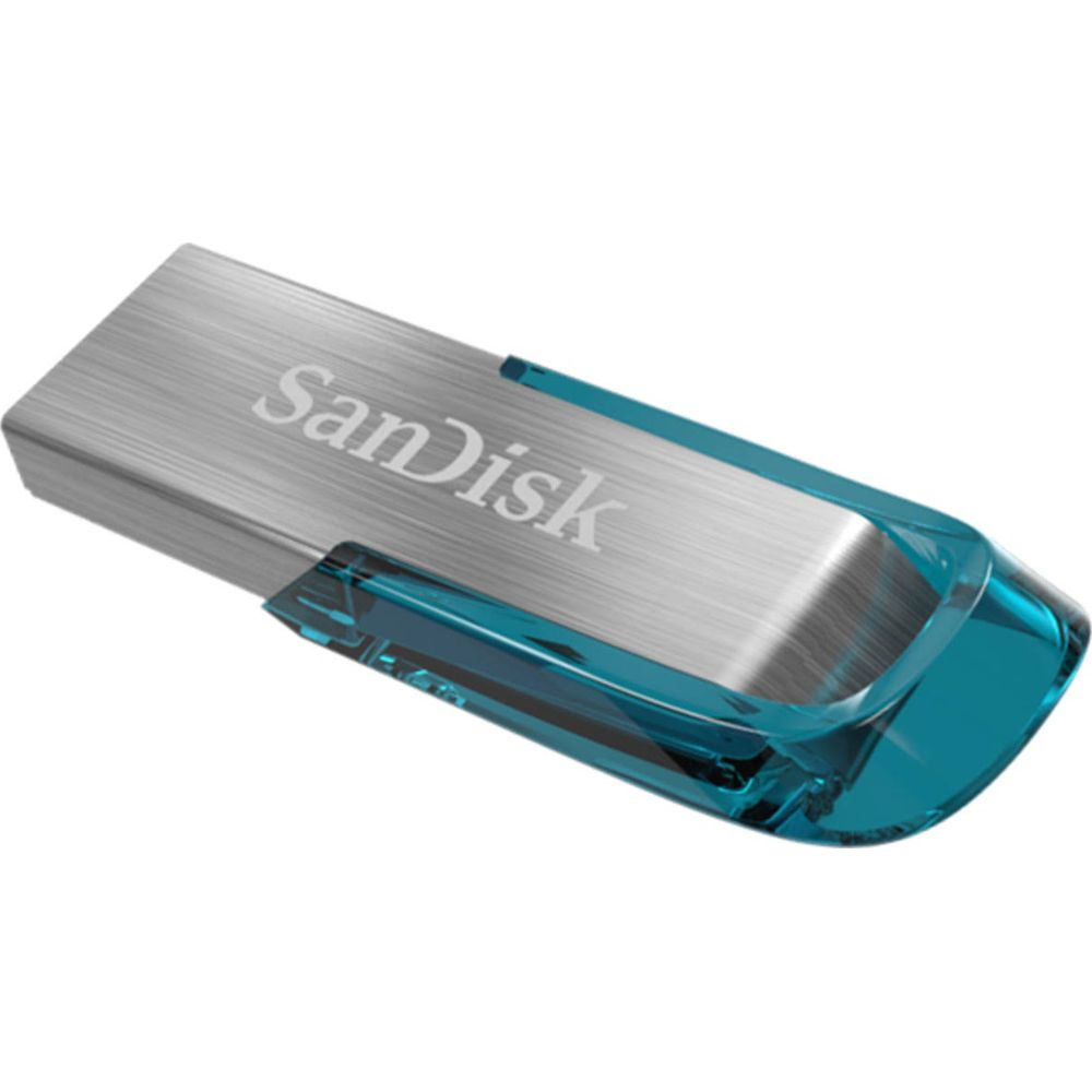 Srebrny pendrive SanDisk z niebieską plastikową obudową.
