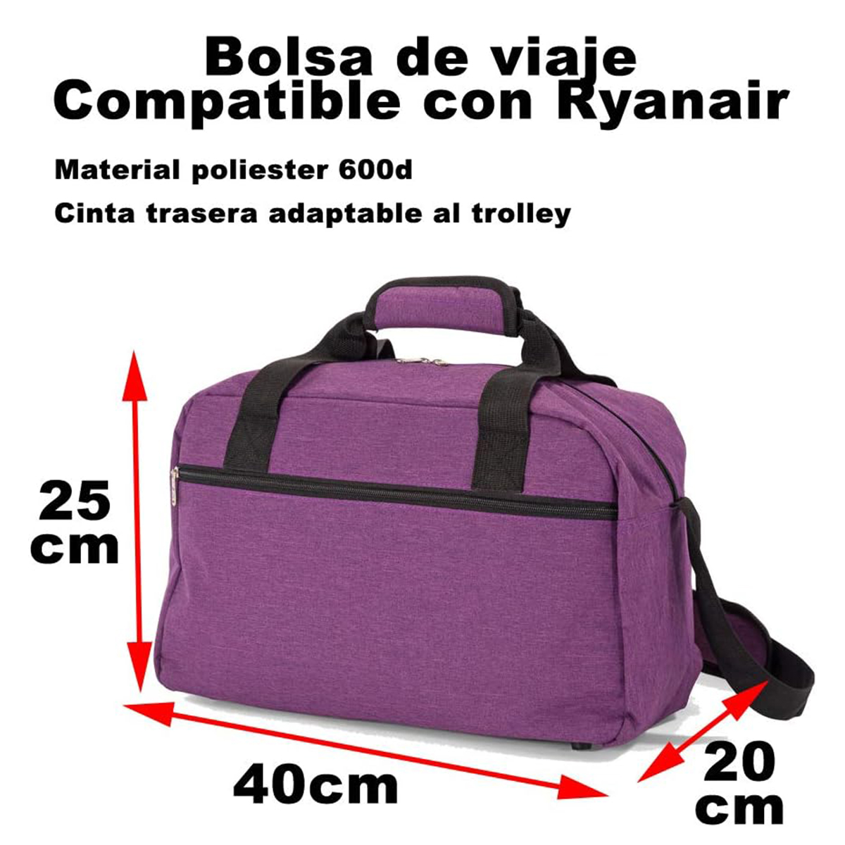 Bolso morado de viaje, 40x25x20 cm, poliéster, con cinta para trolley.