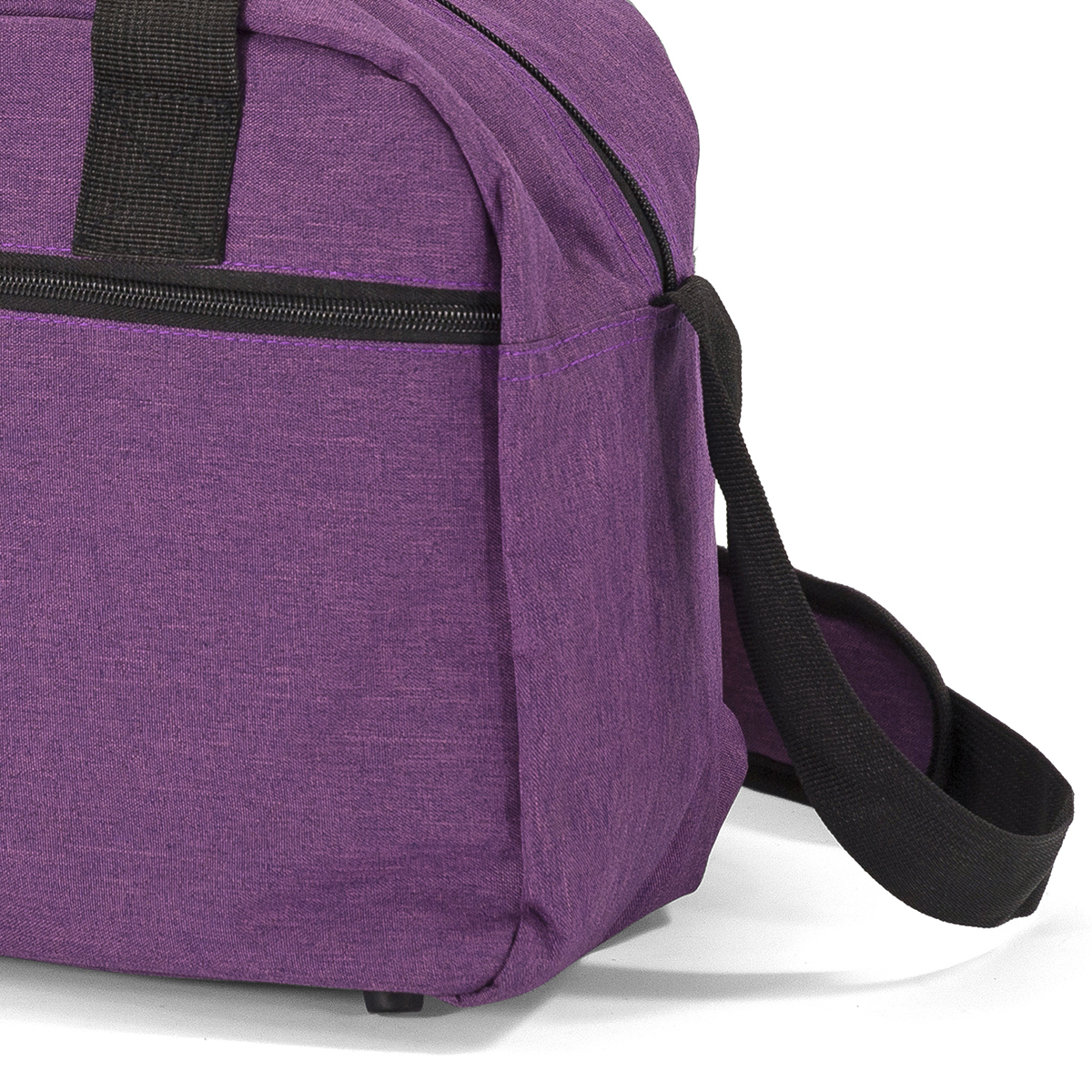 Bolsa de lila con cremallera y correa negras.