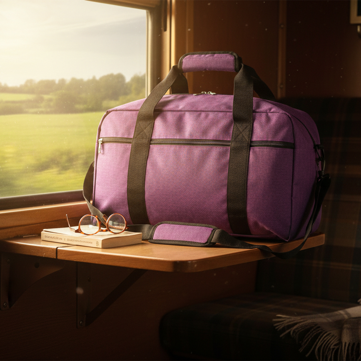 Bolsa de viaje morada junto a un libro y gafas en una mesa de tren.