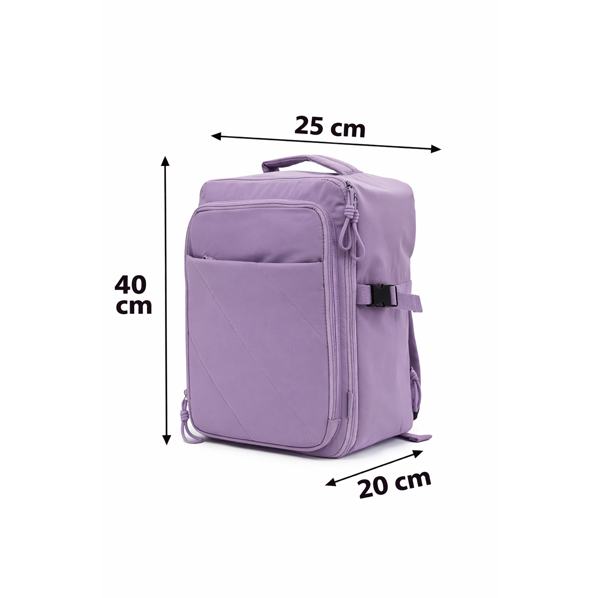 Mochila lila de 40x25x20 cm con bolsillo con cremallera.